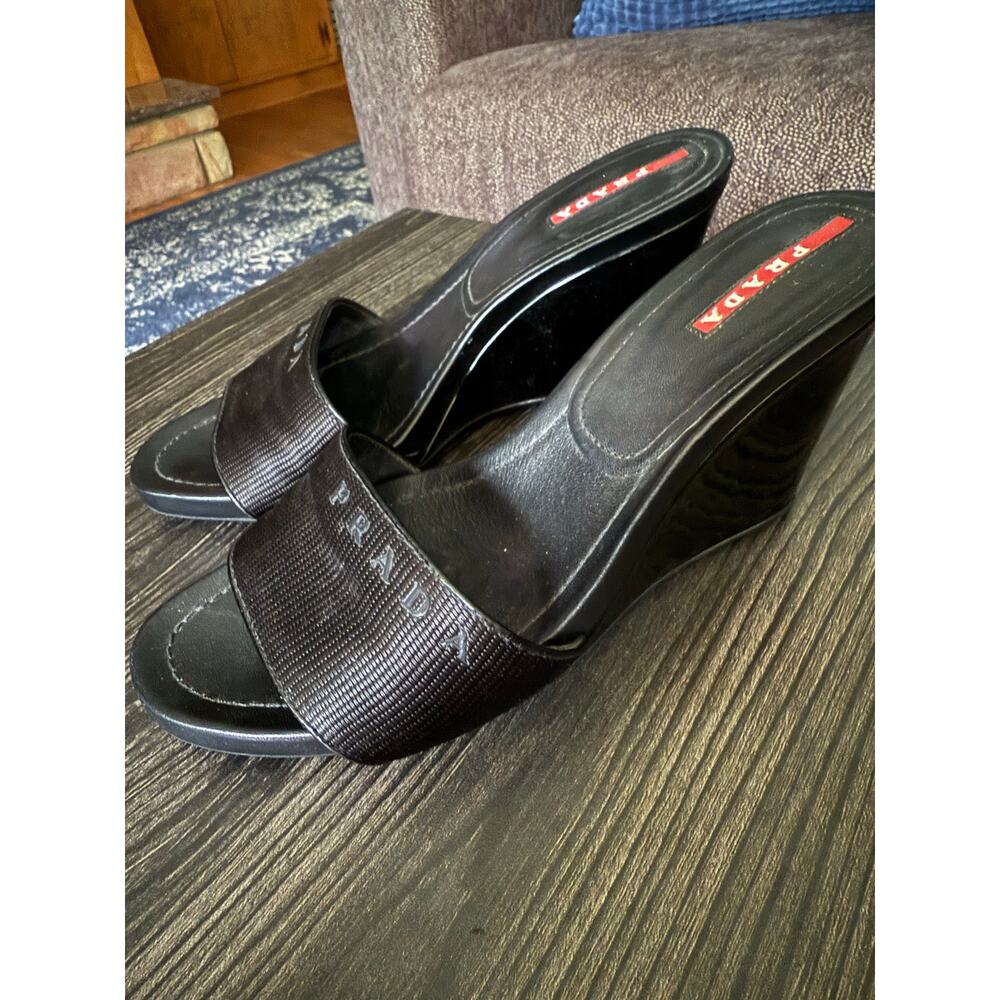 Vintage Prada Sport Patent Leather Black Wedge Y2K Heels Sz. 38.5 - Picture 4 of 8